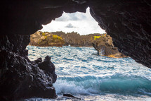 water rushing through a sea cave 
