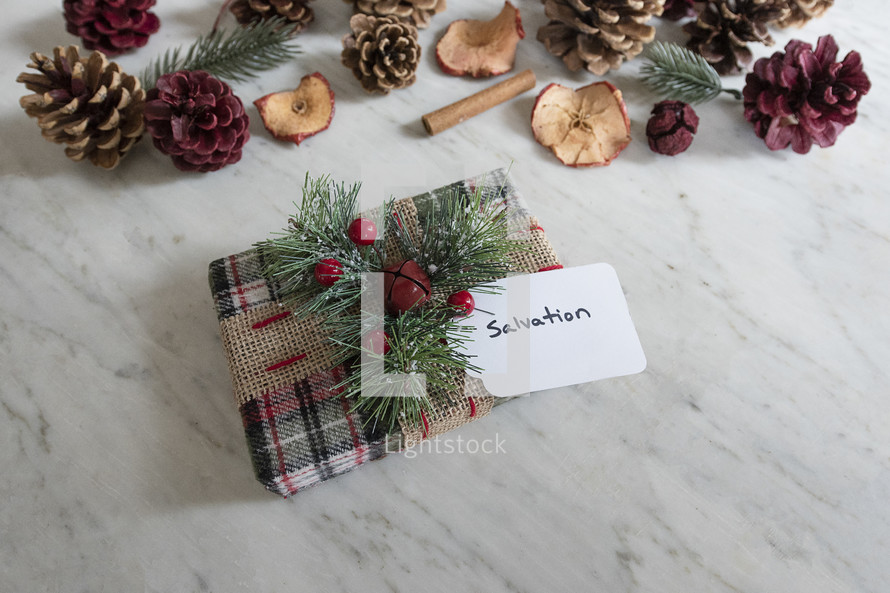 wrapped gift and tag labeled - salvation 