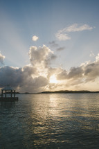 gazebo and dock at sunset 