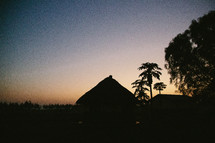 silhouette, sunset, straw, thatched roof, huts, Africa, village