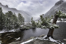 A spring storm hits Mills Lake, an alpine lake, located in Rocky Mountain National Park outside of Estes PArk Colorado