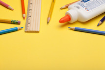 yellow, rulers, pencils, back to school, background, glue, colored pencils