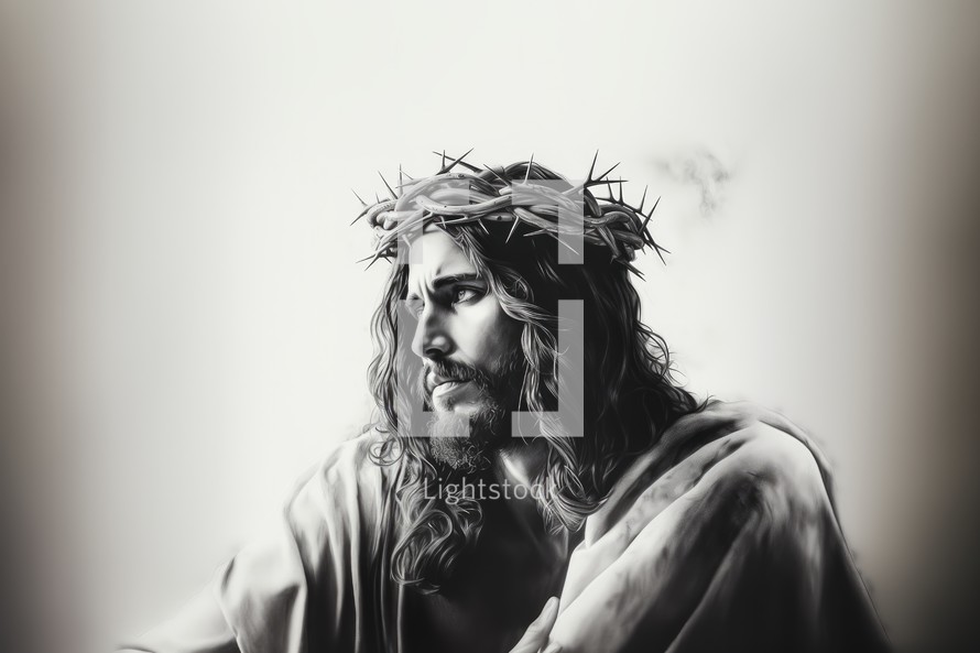 Jesus Christ with crown of thorns on his head, black and white