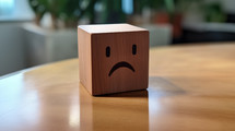 Wooden block with a sad face. 