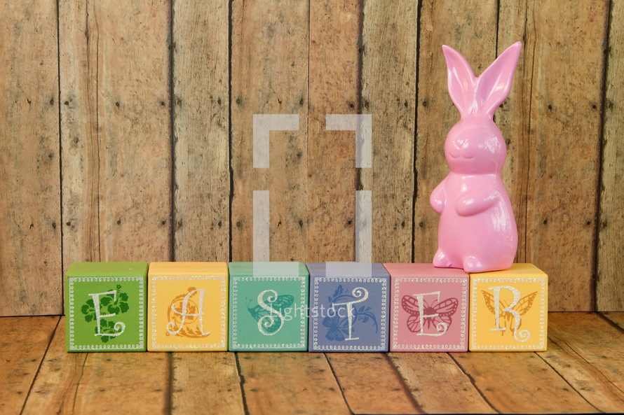 Easter sign of wood blocks and bunny 