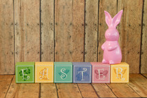 Easter sign of wood blocks and bunny 
