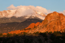 red rock peaks and snow capped mountains 