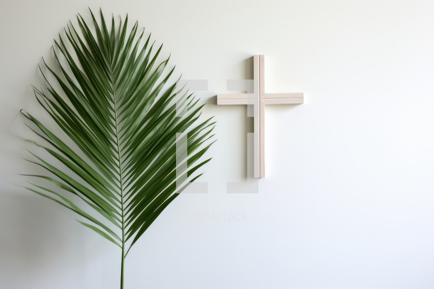 Wooden cross and palm leaf on white wall. Copy space.