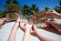 Hands holding foreign currency near a beach with palm trees.