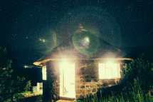 huts, stars, night, sky, outdoors, space, village