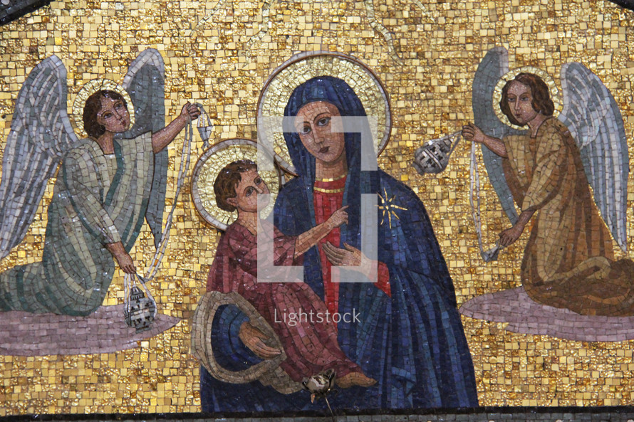 Mosaic tile nativity scene with Mary, Baby Jesus and Angels in adoration