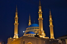 The Blue Mosque, Beirut at night with full moon.