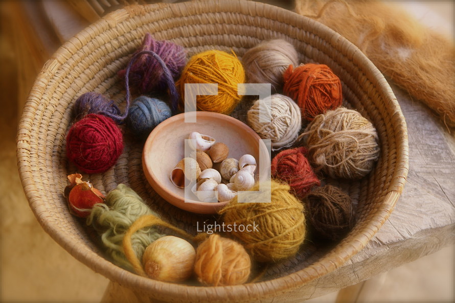 Balls of yarn in a basket.