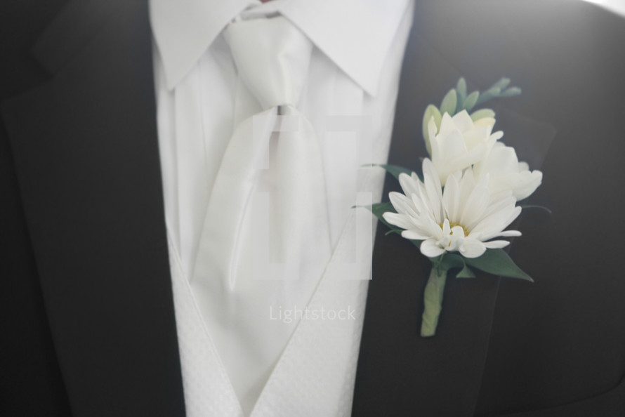 Groom Tuxedo and Boutonniere close-up, wedding style