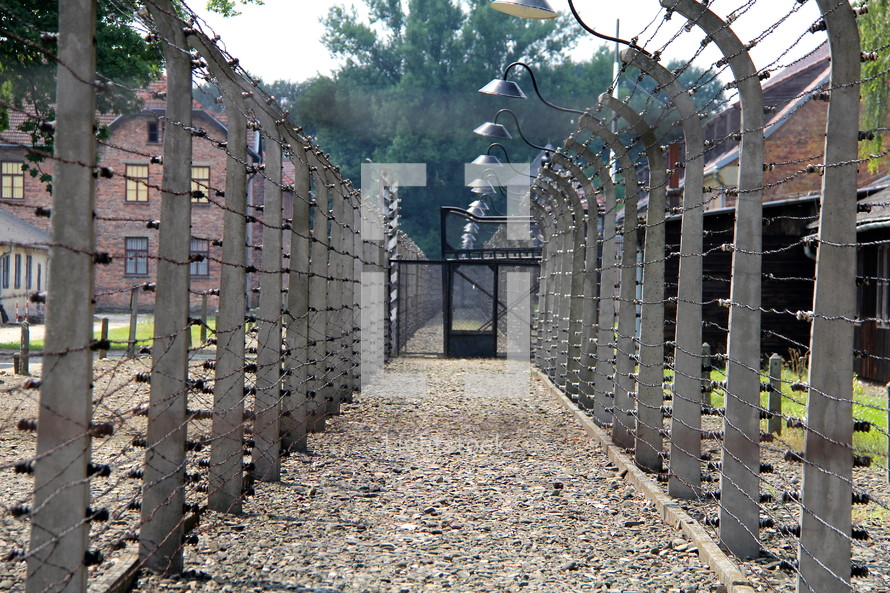 Barbed wire, electric fence and gates around a prison
