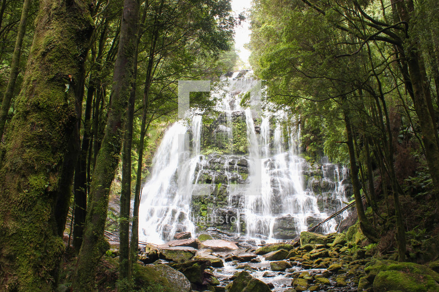 a cascading waterfall in a forest 