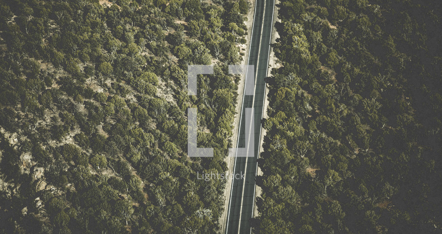 aerial view over a forest and highway 