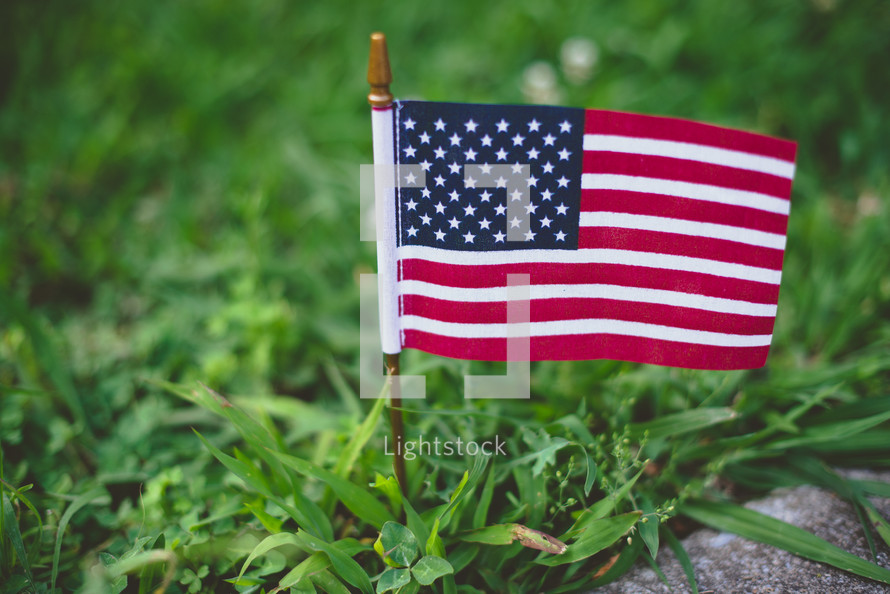 American flag in grass 