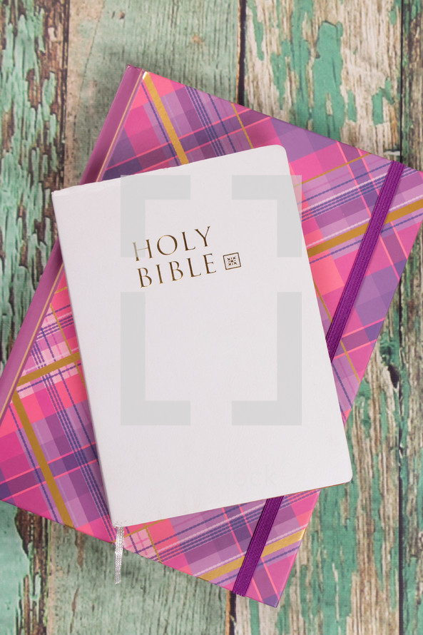 Holy Bible and pink plaid journal 