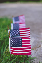 row of American flags in grass 