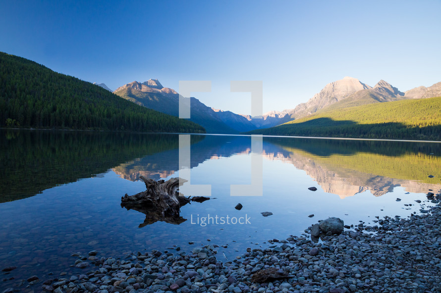 shore, stones, over, lake, water, sunrise, mountains, reflection, nature, outdoors 
