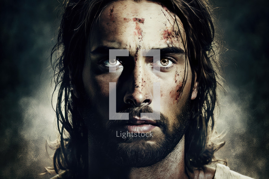 A bruised but strong Jesus looking into the camera
