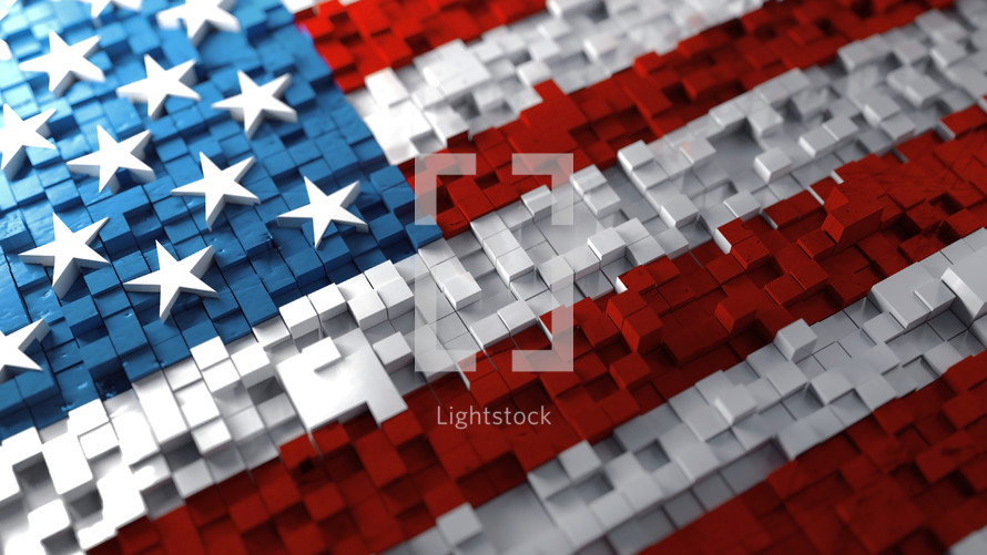 Close up of an American flag made out of cubes and blocks.