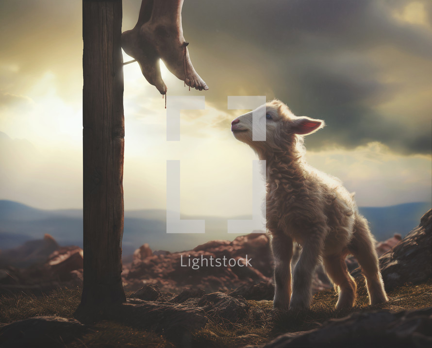 Lamb looks up to Jesus on the cross