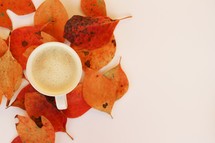 fall leaves around a latte 