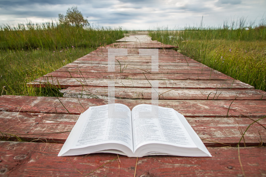 Open Bible on wooden path leading to the coastline