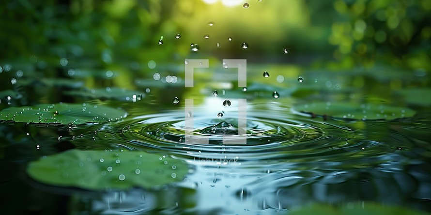Water drop with green leaves and ripples on the water surface.