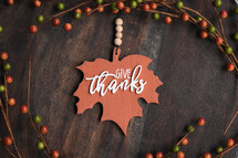 Maple leaf with the words Give Thanks surrounded by fall colors on a dark wood background