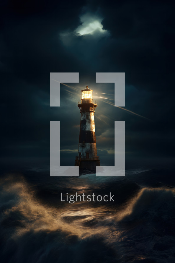 A lighthouse in the middle of the night in a stormy sea.