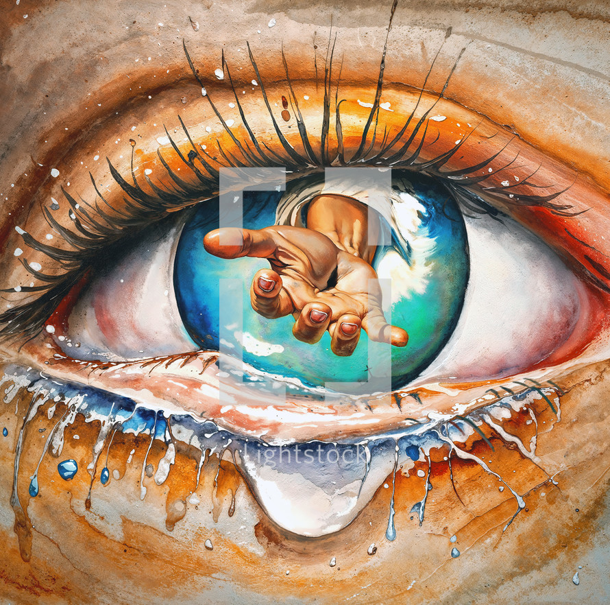 Someone is crying with Jesus reaching out in the reflection.