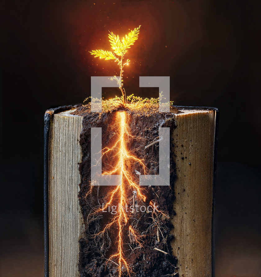 A small plant is rooted inside of the pages of the Bible.