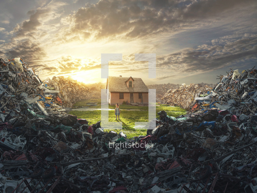 A house is surrounded by piles and piles of junk and garbage.