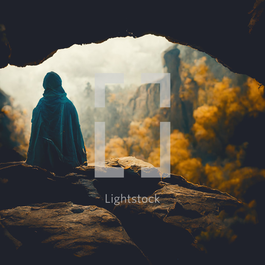 The prophet Elijah looks out of the cave with his encounter with God.