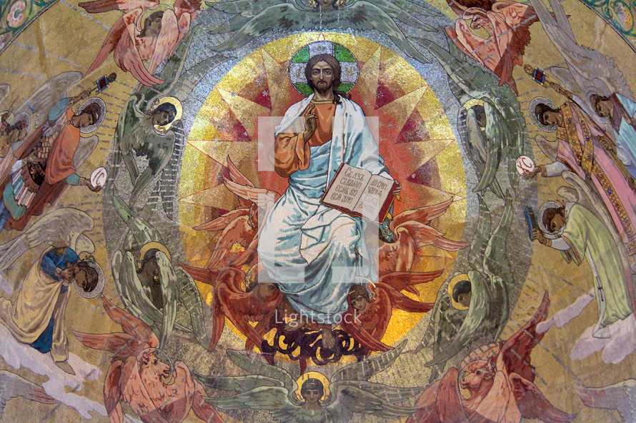 Mosaic of Jesus surrounded by worshiping angels 
