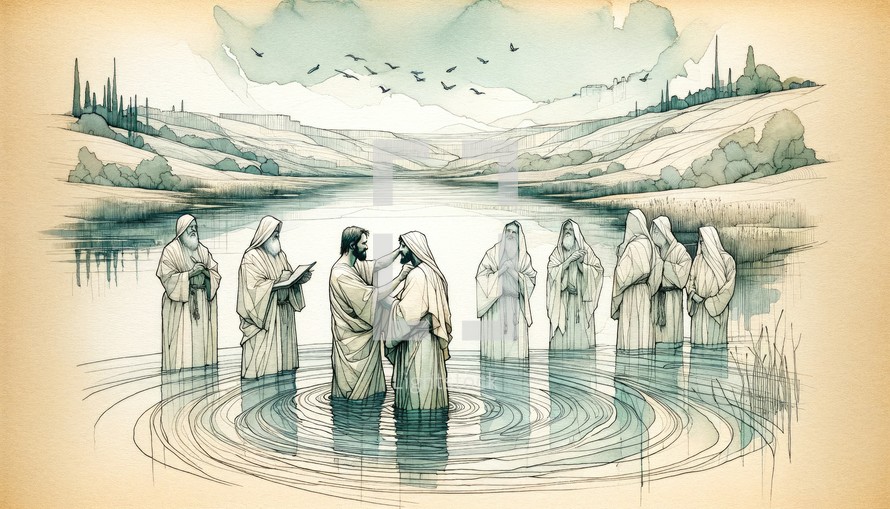 Jesus is baptized by John the Baptist in the Jordan River. Digital painting.
