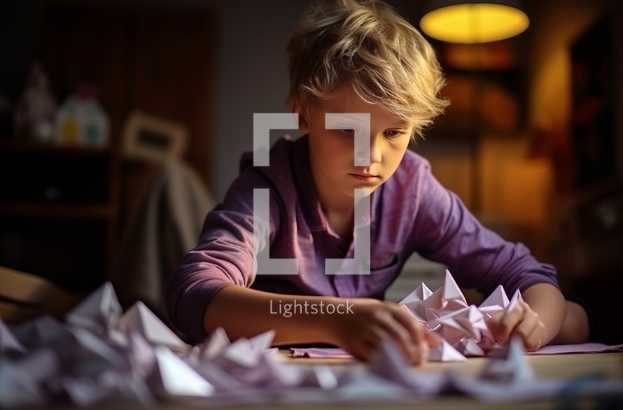 An 11-year-old Dutch boy in pajamas creates origami in his softly lit bedroom