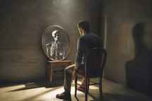 Man looking into mirror to reveal skeleton