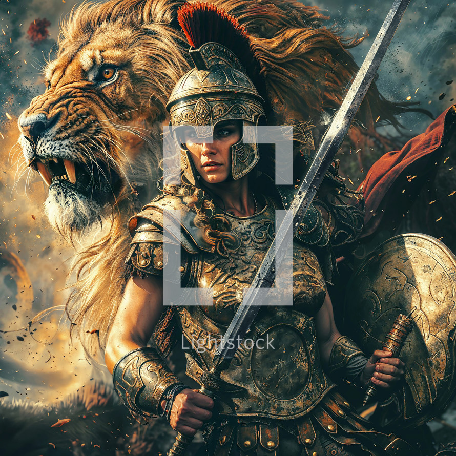 A woman in full armor with a lion behind her.