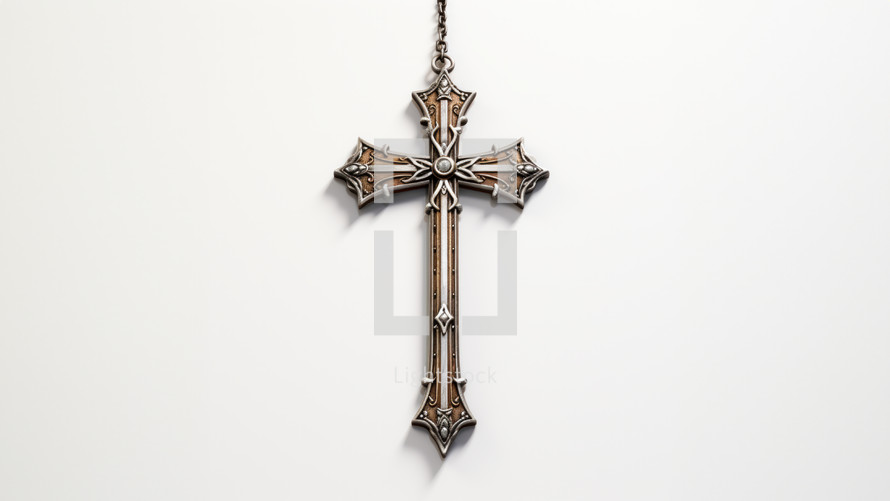 A detailed metal Pilgrims cross with wooden details. Set against white.