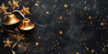 Christmas background with golden bells and stars on a dark background with space for text