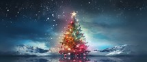 Merry Christmas and Happy New Year banner with Christmas tree and snowflakes