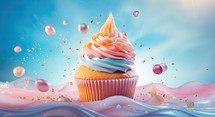 Cupcake with colorful cream on the blue background. 3d rendering