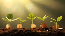 Green seedling growing from pile of coins on blurred background, business idea