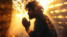 An Asian praying man on his knees in the early hours of the day with sunlight surrounding him. 