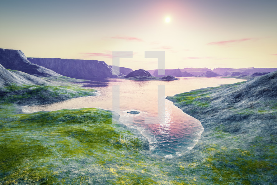fantasy landscape sunset scenery 3D illustration