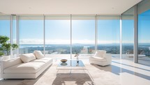 Luxury living room with panoramic window overlooking the city